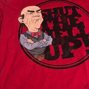 Jeff Dunham Bright Red Long Sleeve Tee with Bold Graphic Design. Jeff Dunham